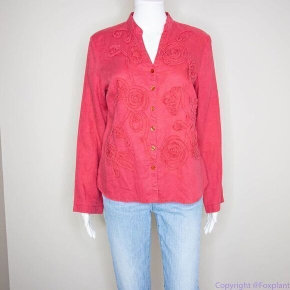 Carole Little 100% linen floral embellishment‎ pink shirt, size M